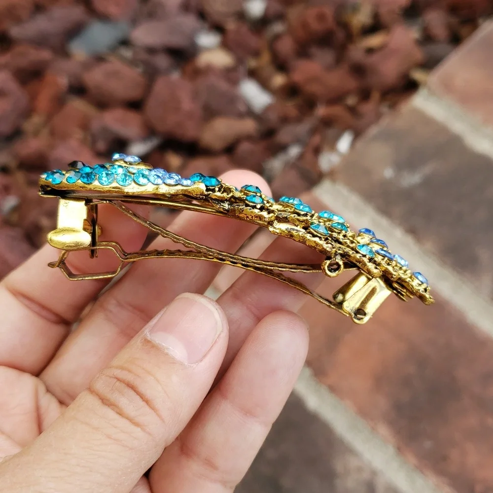 Vintage Womens Hair Barrette Peacock Rhinestone Hair Clip Victorian Timeless